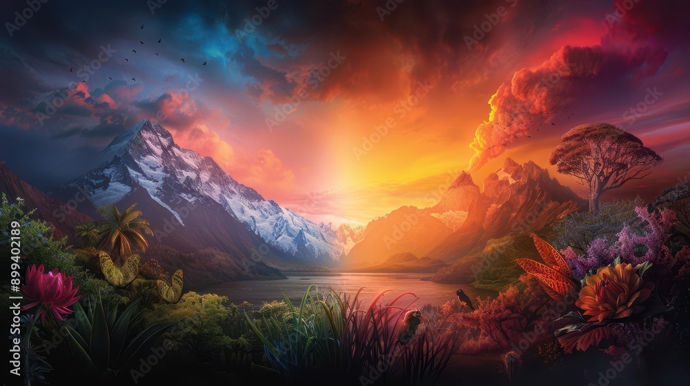 Magical Mountain Landscape with Sunset Sky. Magical Mountain Landscape with Sunset Sky.