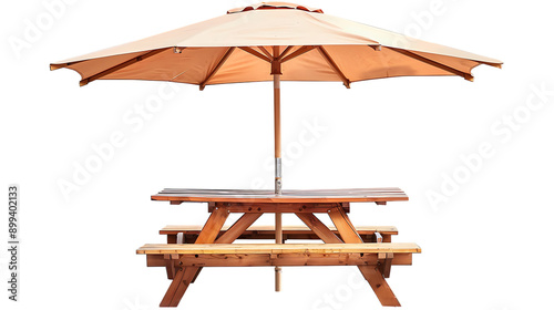 Wooden picnic table with benches and sun shade umbrella isolated on transparent background 