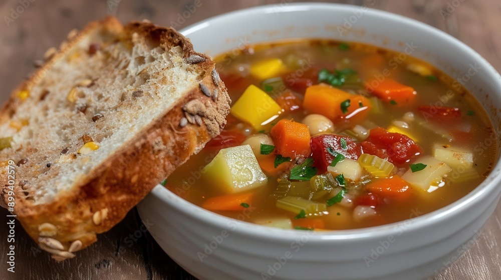 A hearty vegetable soup with a slice of whole-grain bread A hearty vegetable soup with a slice of whole-grain bread
