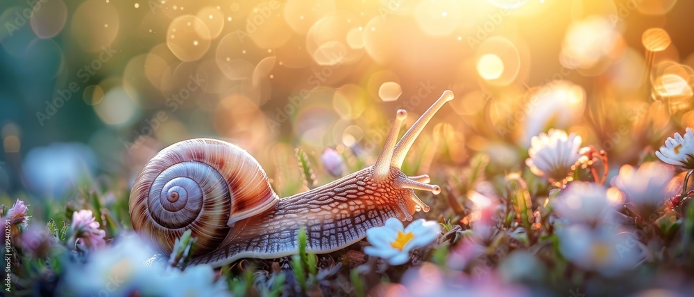 A tight shot of a snail amidst a sea of grass and blooms, with the sun casting golden rays through the blades behind A tight shot of a snail amidst a sea of grass and blooms, with the sun casting golden rays through the blades behind
