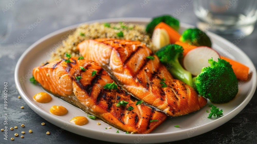 A plate of grilled salmon with quinoa and steamed vegetables A plate of grilled salmon with quinoa and steamed vegetables