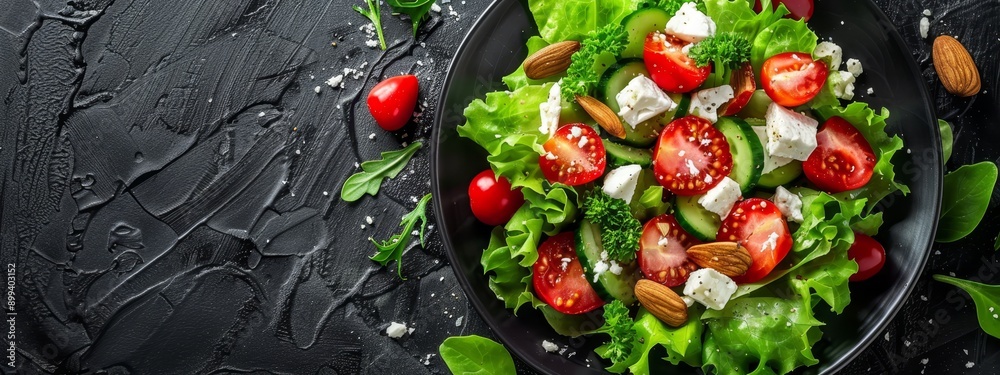 Salad with tomatoes, cucumbers, almonds, lettuce, and feta cheese Salad with tomatoes, cucumbers, almonds, lettuce, and feta cheese