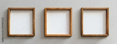  Three wooden frames, empty, against a white backdrop and a nearby white wall in the foreground