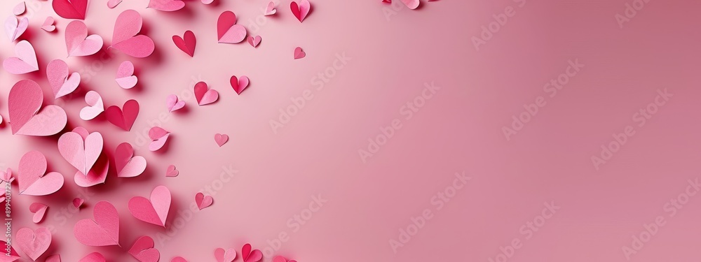 A pink background filled with numerous paper hearts in shades of pink is an ideal backdrop for text or image placement on cards or brochures A pink background filled with numerous paper hearts in shades of pink is an ideal backdrop for text or image placement on cards or brochures