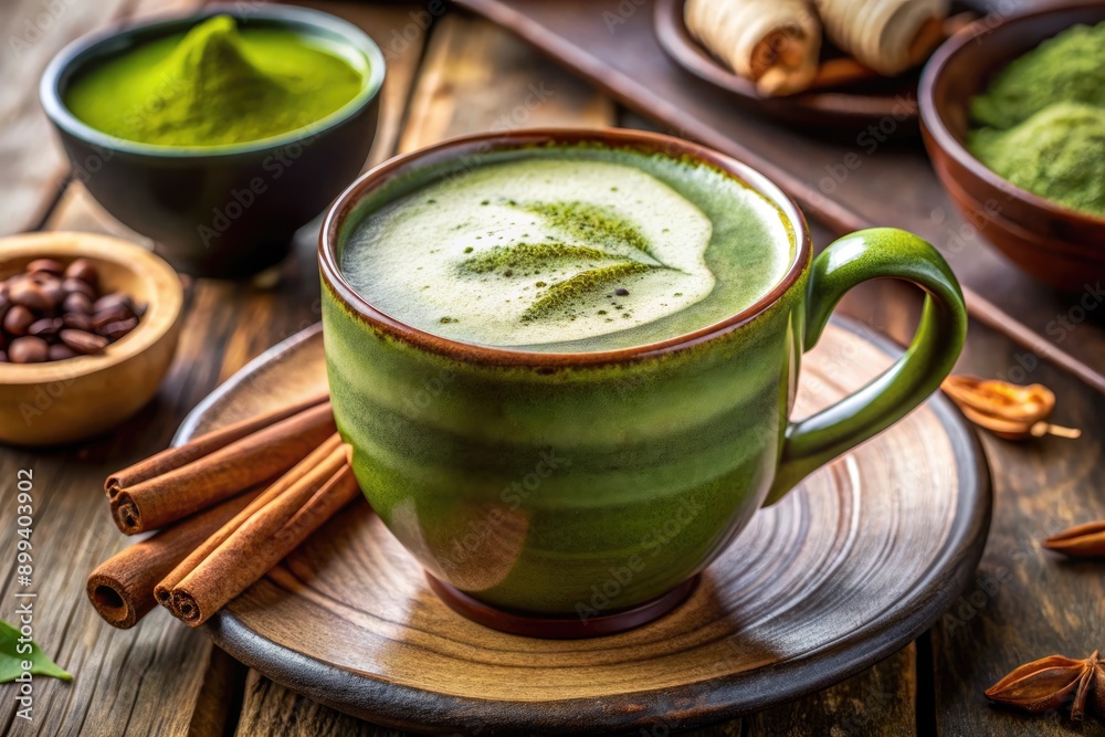 Warm green matcha tea in a rustic ceramic cup. Warm green matcha tea in a rustic ceramic cup.