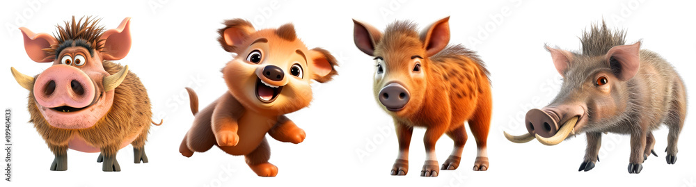 Fototapeta premium Cute and Playful Cartoon Animals - Warthog, Koala, and Wild Boar Characters in Various Poses , on transparent background 