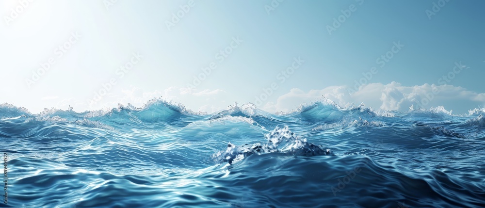 Fototapeta premium A vast expanse of water teems with waves, their crests reaching for the vibrant blue sky above