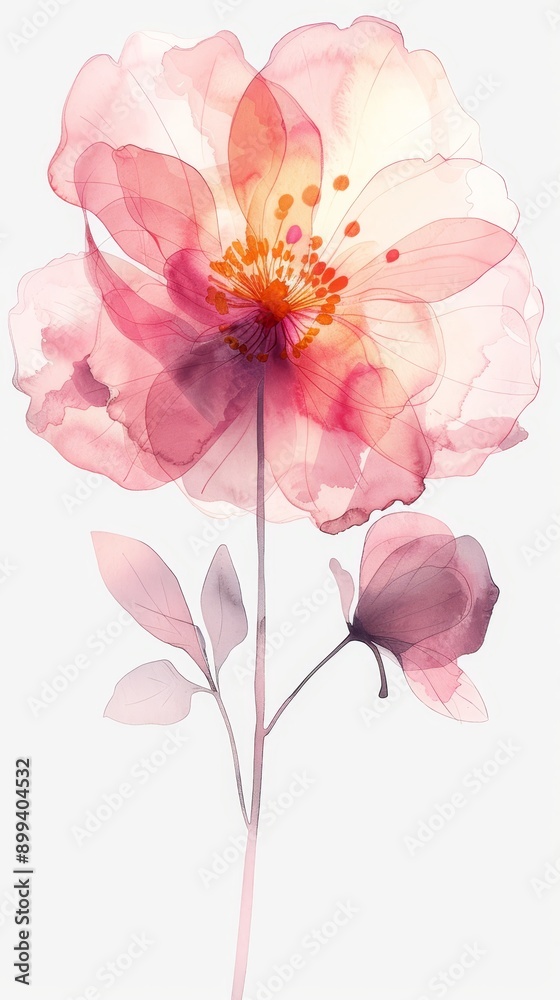  A pink bloom against a white backdrop; stem tinted pink, flower's heart in yellow