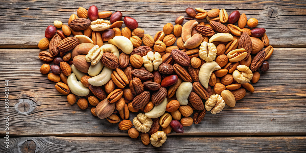 Assortment of mixed nuts, including almonds, cashews, and pecans, arranged artfully on a rustic wooden background, highlighting their nutritional benefits for a healthy heart. Assortment of mixed nuts, including almonds, cashews, and pecans, arranged artfully on a rustic wooden background, highlighting their nutritional benefits for a healthy heart.