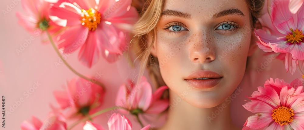 A woman with freckled hair and blue eyes is situated among pink and yellow blooms against a pink backdrop A woman with freckled hair and blue eyes is situated among pink and yellow blooms against a pink backdrop