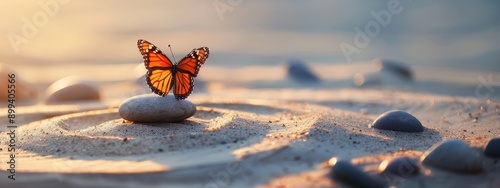  A butterfly perched on a rock atop a stack, atop a sandy beach