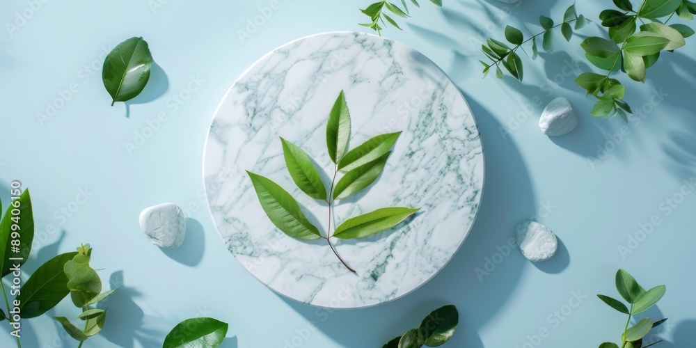 Top view of a light blue background with green plants and an empty marble podium. Fresh, natural leaf and pedestal for cosmetic promotion. Flat lay mockup for presenting an eco-friendly product Top view of a light blue background with green plants and an empty marble podium. Fresh, natural leaf and pedestal for cosmetic promotion. Flat lay mockup for presenting an eco-friendly product