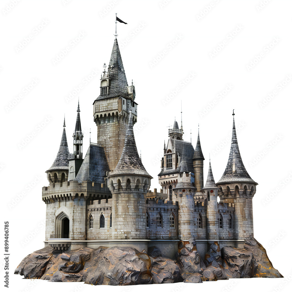 Fototapeta premium Old fairytale castle on the hill isolated on white