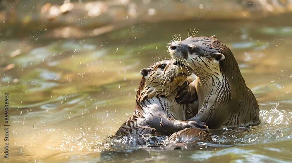 Fototapeta premium Playful Otters Frolicking in Clear Shallow River, Livening Up the Riverbed