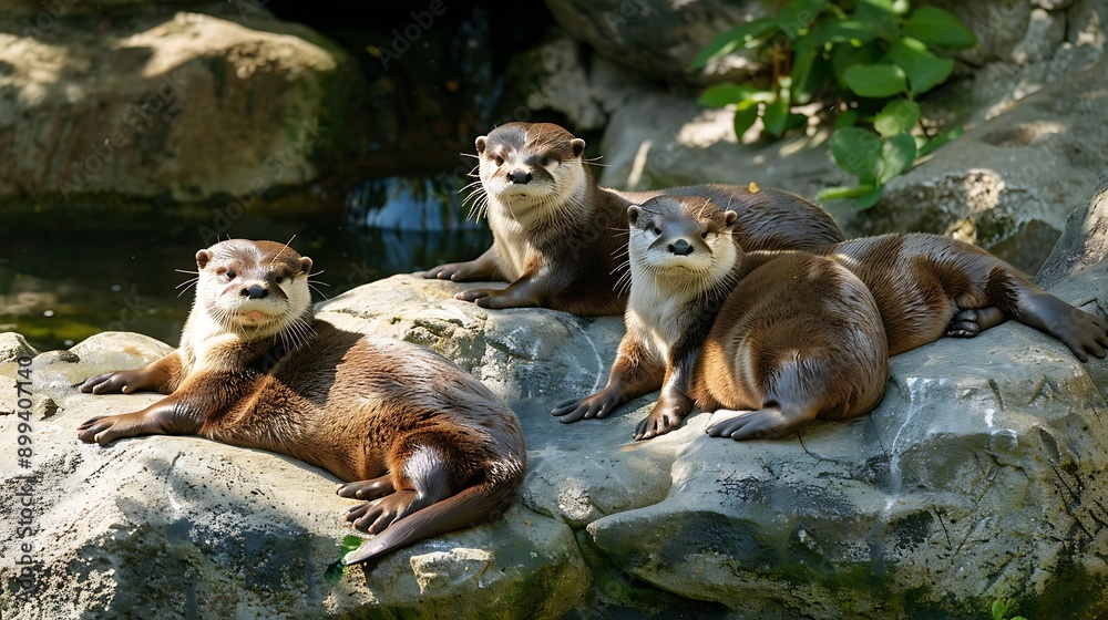 Fototapeta premium Sunlit Relaxation: Family of Otters Resting on Rocks in Peaceful Harmony