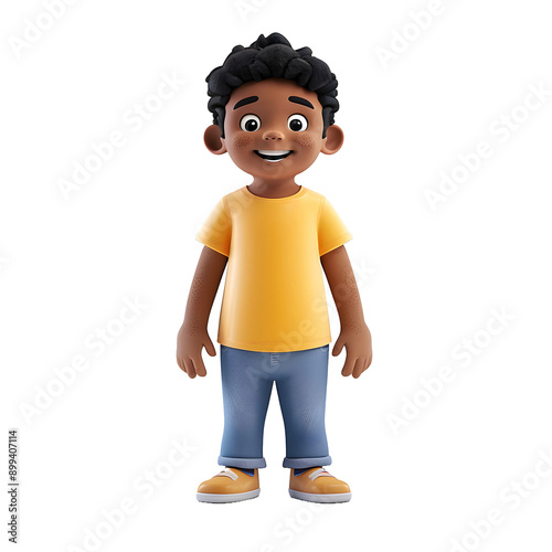 Playful 3D Rendered Young Boy Character with Black, Brown Skin, Yellow T-Shirt, and Blue Jeans – Cheerful and Engaging Design for Kids' Illustration, png, Transparent Background