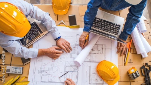 Top view engineers or architects working on blueprints, sketches, and laptop computers office desk. architects team having a showing project plans at site the construction. photo