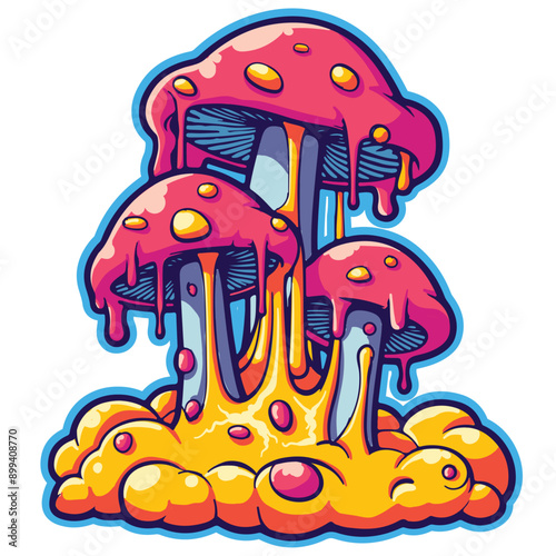 Acid psychedelic vector of three mushrooms with slime and clouds. Sticker of magic and trippy fluorescent fungi melting. 