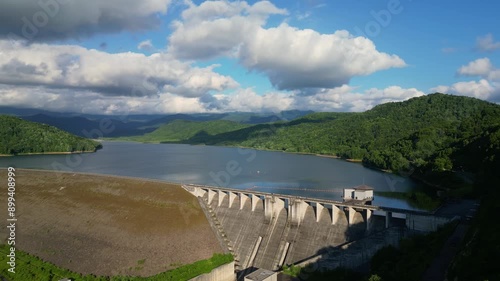 Hokkaido, Japan: Aerial view of the Chubetsu Dam along the Ishikari river at the foot of the Asahidake mountain in Hokkaido in summer in Japan photo