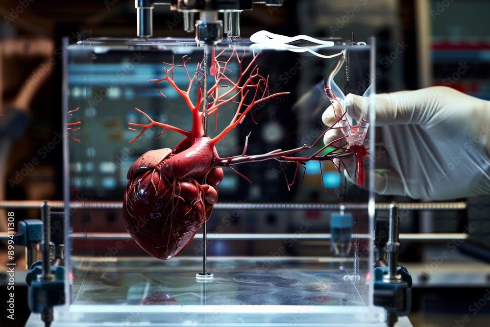 Fototapeta premium 3D Printed Human Heart Model in a Glass Box.