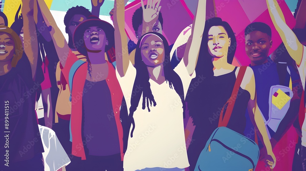 Naklejka premium A heartwarming illustration showcasing a diverse group of studentsâ€”different races, ethnicities, and backgroundsâ€”standing together. They hold backpacks and wave, symbolizing unity and the shared