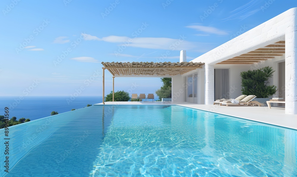 Fototapeta premium Mediterranean white summer villa atop hill with pool , Generative AI