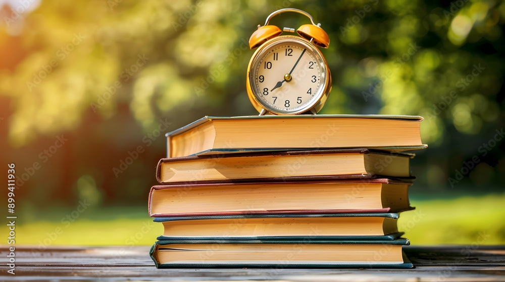 Stack of Textbooks and an Alarm Clock Description: A minimalist composition featuring a stack of textbooks—math, science, literature—arranged neatly on a wooden table. An old-fashioned alarm Stack of Textbooks and an Alarm Clock Description: A minimalist composition featuring a stack of textbooks—math, science, literature—arranged neatly on a wooden table. An old-fashioned alarm