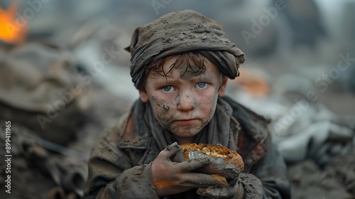 A child with dirt-covered face and clothes, holding a piece of bread with both hands. photo