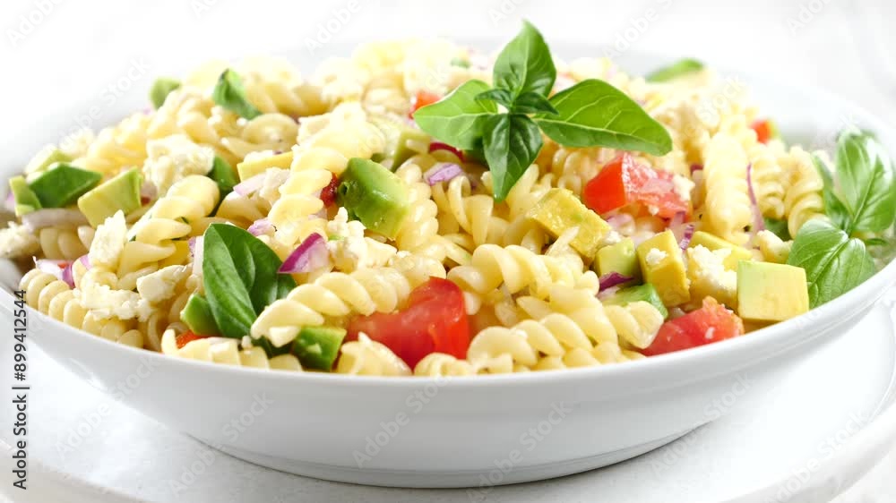 pasta salad with tomato, onion, olives and avocado