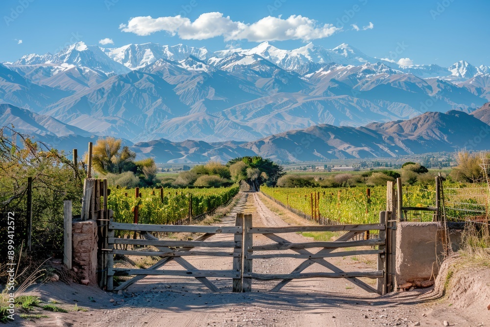 Charming Vineyard Entrance in Mendoza with Majestic Andes Mountain View - Perfect for Posters or Travel Marketing Charming Vineyard Entrance in Mendoza with Majestic Andes Mountain View - Perfect for Posters or Travel Marketing