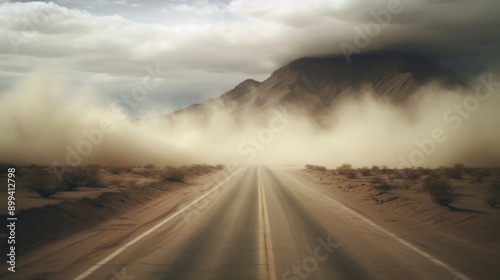 Photograph of a desert road disappearing into the heart of a massive dust devil, its ominous presence casting a veil of mystery over the desolate landscape.