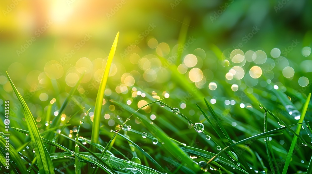 Fototapeta premium Dewy Morning Grass Glistening in Early Sunlight Symbolizing New Beginnings and Fresh Start