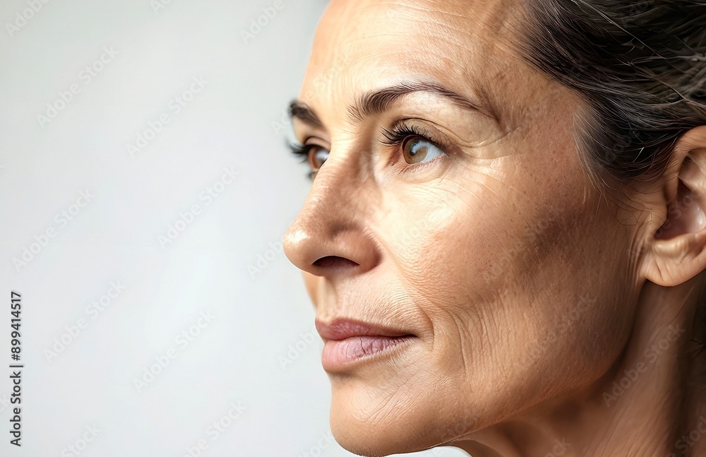 Fototapeta premium Close up of attractive senior middle-aged woman face without make-up , shows wrinkle and natural part of aging. Fine lines and creases in the skin which becomes less elastic, on white copy space