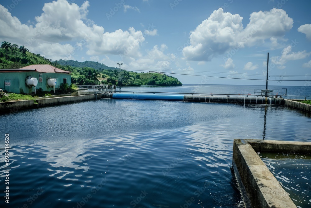 Water treatment plant with blue water and a blue pipe. Water treatment plant with blue water and a blue pipe.