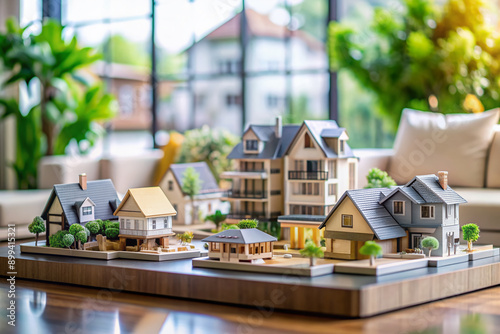 Stunning array of miniature house models on a blurred living room background, showcasing diverse architectural styles and real estate options for homebuyers. photo