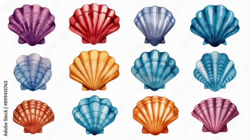Vibrant seashells in a whimsical doodle style, handpainted with watercolors. Perfect for beach lovers and coastal decor. Vibrant seashells in a whimsical doodle style, handpainted with watercolors. Perfect for beach lovers and coastal decor.