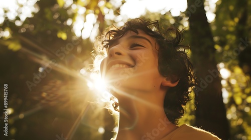 A close-up of a person's face with a genuine smile, sunlight streaming through the trees behind them.