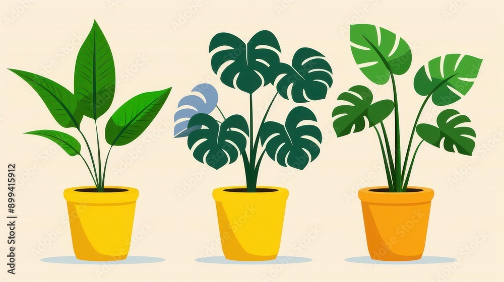 Explore a charming illustration of potted house plants, featuring a minimal design in vibrant green and yellow tones. Perfect for decor Explore a charming illustration of potted house plants, featuring a minimal design in vibrant green and yellow tones. Perfect for decor