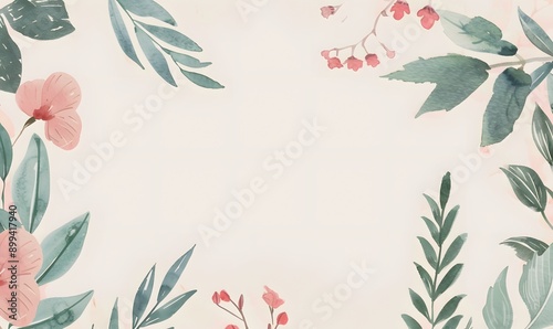 minimalist background surrounded by different leaves and flowers, Generative AI