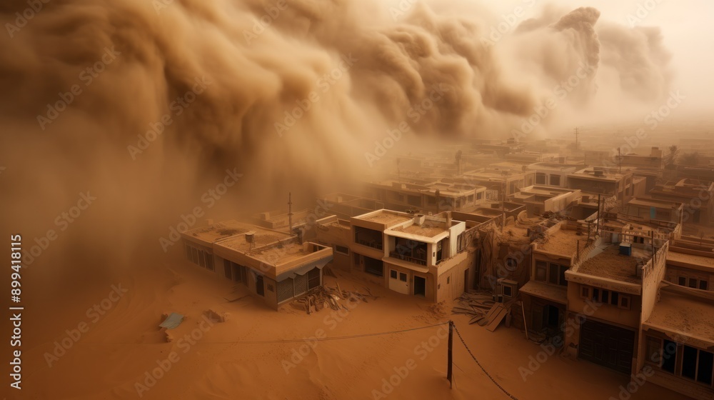 Photograph of a desert sandstorm approaching an abandoned desert town, with weathered buildings and sand-blasted storefronts barely visible through the swirling dust Photograph of a desert sandstorm approaching an abandoned desert town, with weathered buildings and sand-blasted storefronts barely visible through the swirling dust