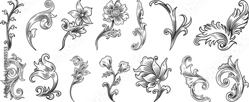 Elegant Vintage Floral Ornaments Vector Set - Intricate Baroque and Rococo Style Flower and Leaf Decorations for Design Projects, Invitations, and Craft Inspirations