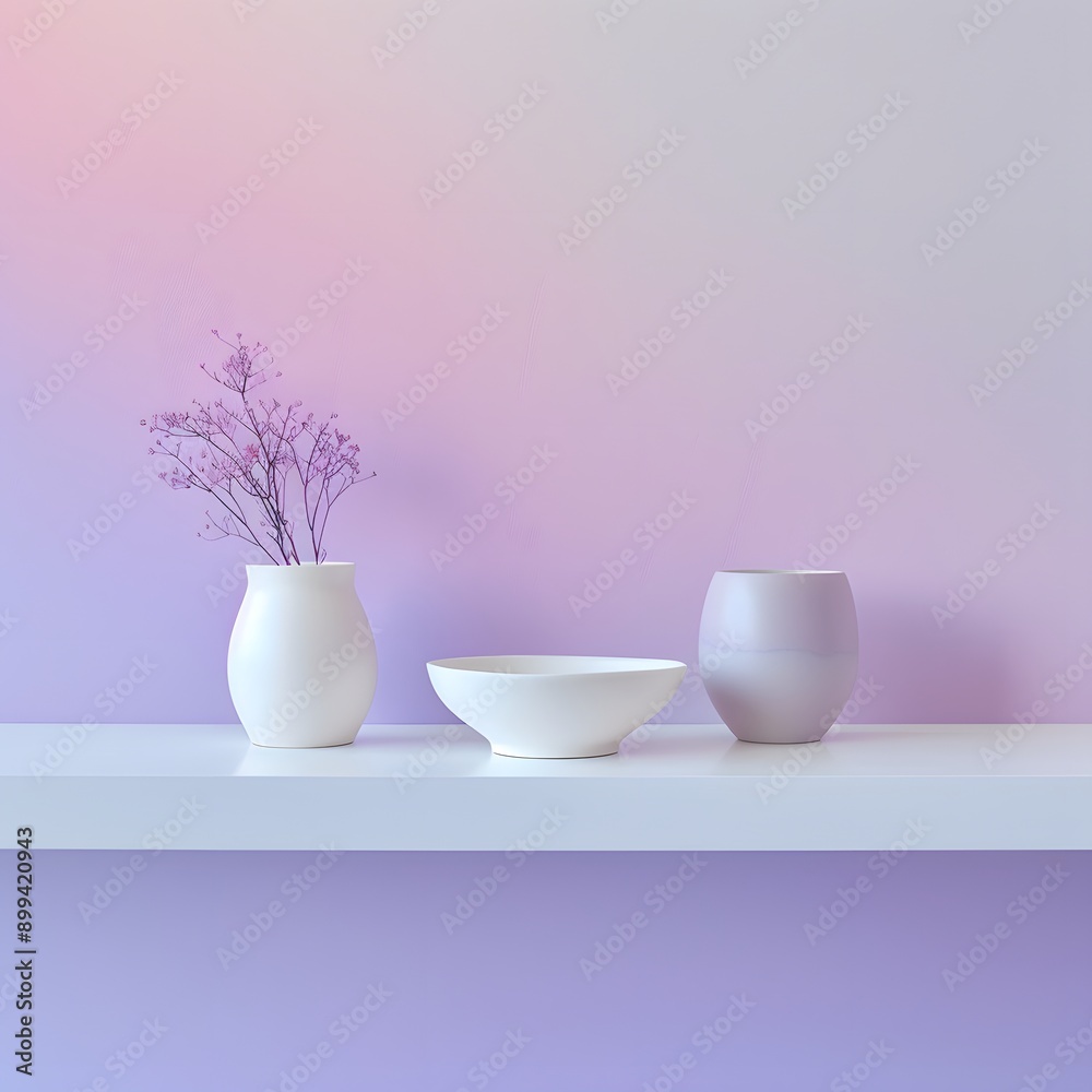 A minimalist white shelf against a gradient lavender background, perfect for showcasing delicate product arrangements A minimalist white shelf against a gradient lavender background, perfect for showcasing delicate product arrangements