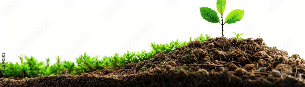 Fototapeta premium Young Green Plant Sprouting from Soil with Fresh Greenery in the Background, Symbolizing Growth and New Beginnings