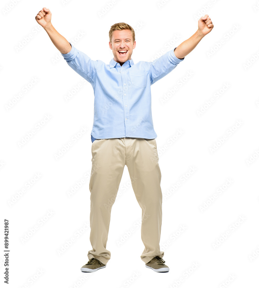 Studio, portrait and man in celebration with arms in air for success, confidence or happy achievement. Smile, winning and excited male person with hands raised in deal opportunity on white background Studio, portrait and man in celebration with arms in air for success, confidence or happy achievement. Smile, winning and excited male person with hands raised in deal opportunity on white background