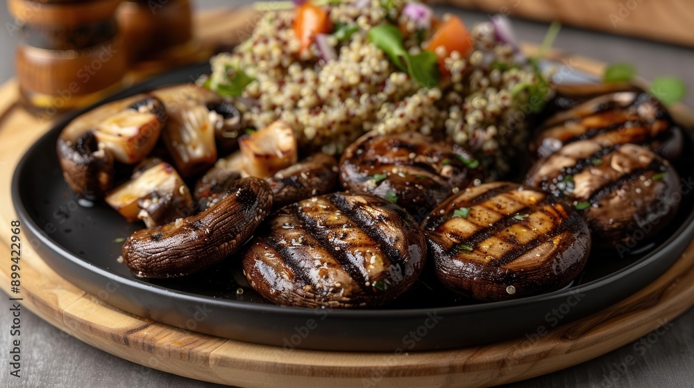 A plate of grilled portobello mushrooms with a side of quinoa salad A plate of grilled portobello mushrooms with a side of quinoa salad