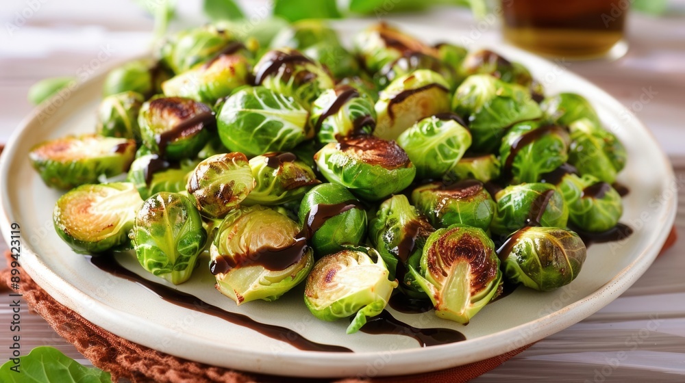 A plate of roasted Brussels sprouts with a balsamic glaze A plate of roasted Brussels sprouts with a balsamic glaze