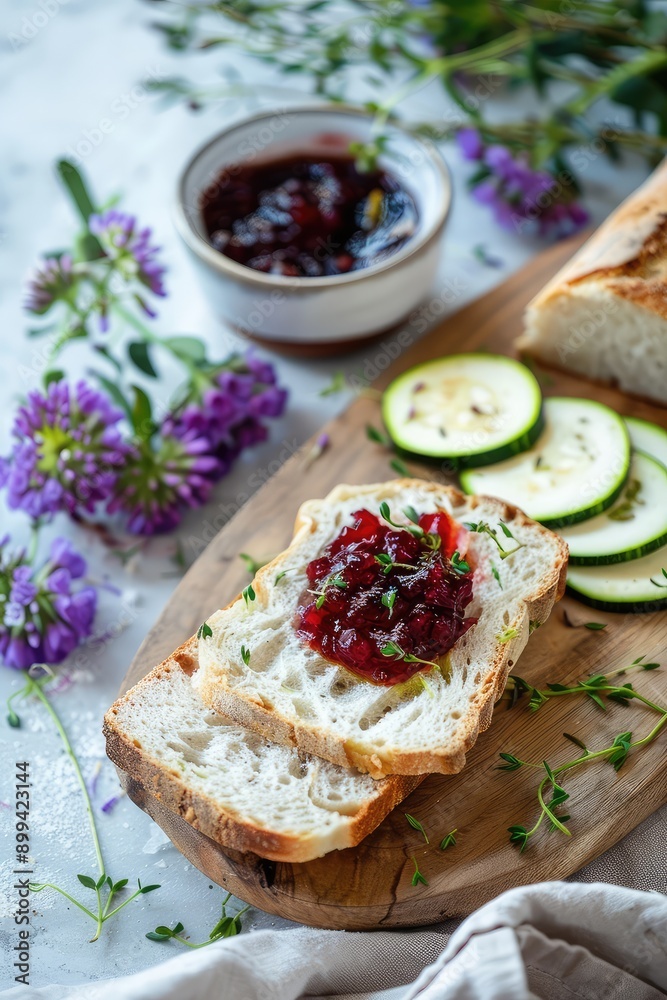 Jam and bread on the table. Selective focus. Jam and bread on the table. Selective focus.