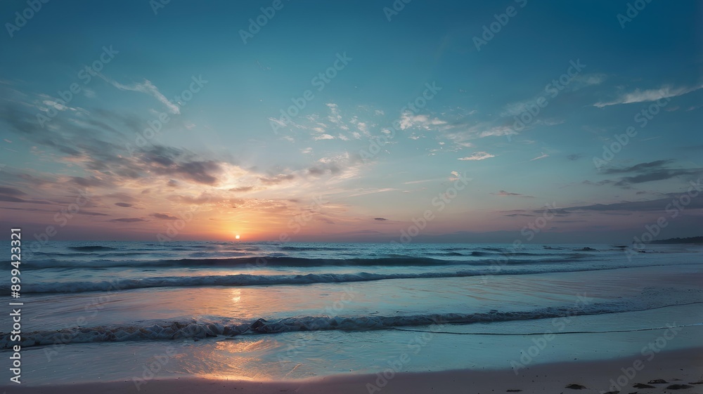 Fototapeta premium a sunset with a beach and waves in the background.
