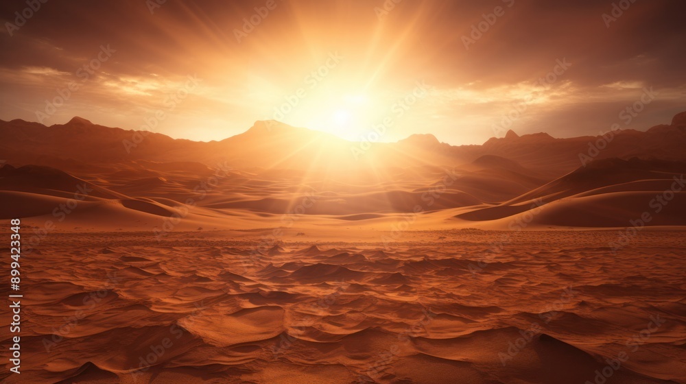 Naklejka premium Photograph of the sun's rays scorching the sand dunes of the Sahara Desert, creating a shimmering mirage effect