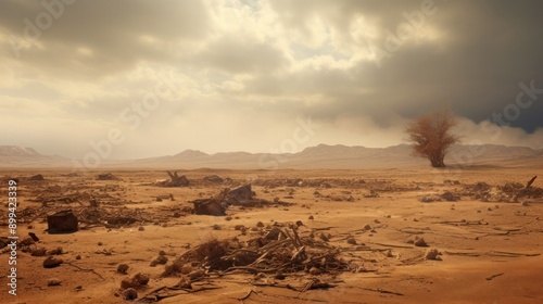 Photograph of the aftermath of a sandstorm, revealing a desolate landscape strewn with debris and the remnants of a once-thriving desert ecosystem photo